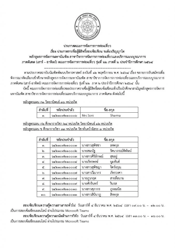 ประกาศรายชื่อผู้มีสิทธิ์สอบข้อเขียน ระดับปริญญาโท (ภาคพิเศษ) รุ่นที่ 22