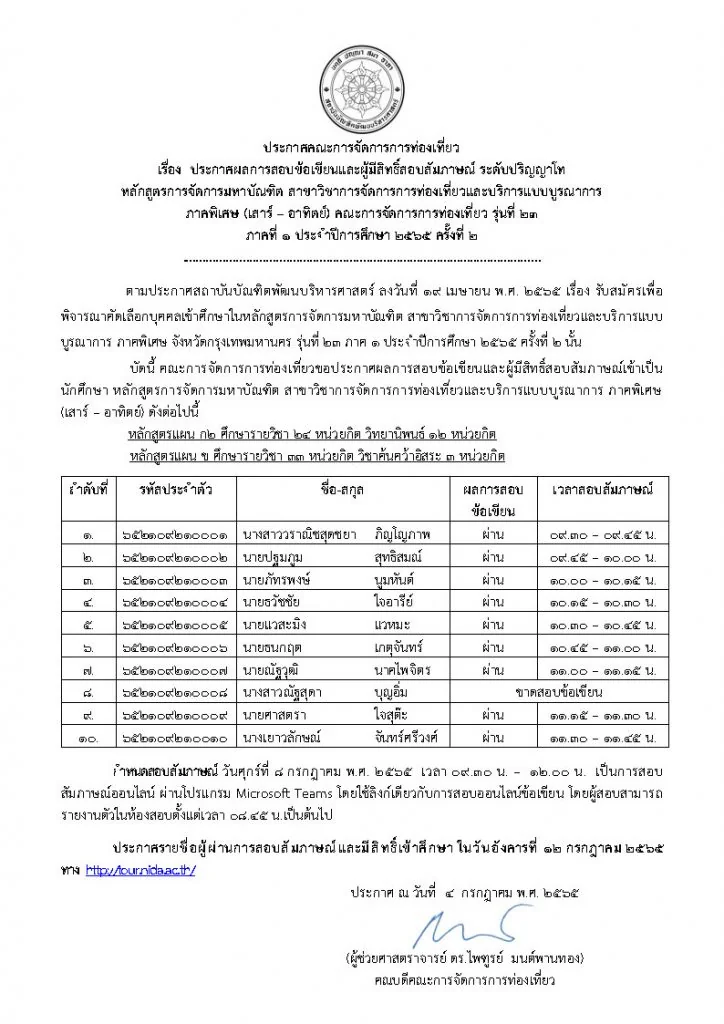 ประกาศผลการสอบข้อเขียนและผู้มีสิทธิ์สอบสัมภาษณ์ ระดับปริญญาโท หลักสูตรการจัดการมหาบัณฑิต สาขาวิชาการจัดการการท่องเที่ยวและบริการแบบบูรณาการ ภาคพิเศษ (เสาร์ – อาทิตย์) คณะการจัดการการท่องเที่ยว รุ่นที่ 23 ภาคที่ 1 ประจำปีการศึกษา 2565 ครั้งที่ 2