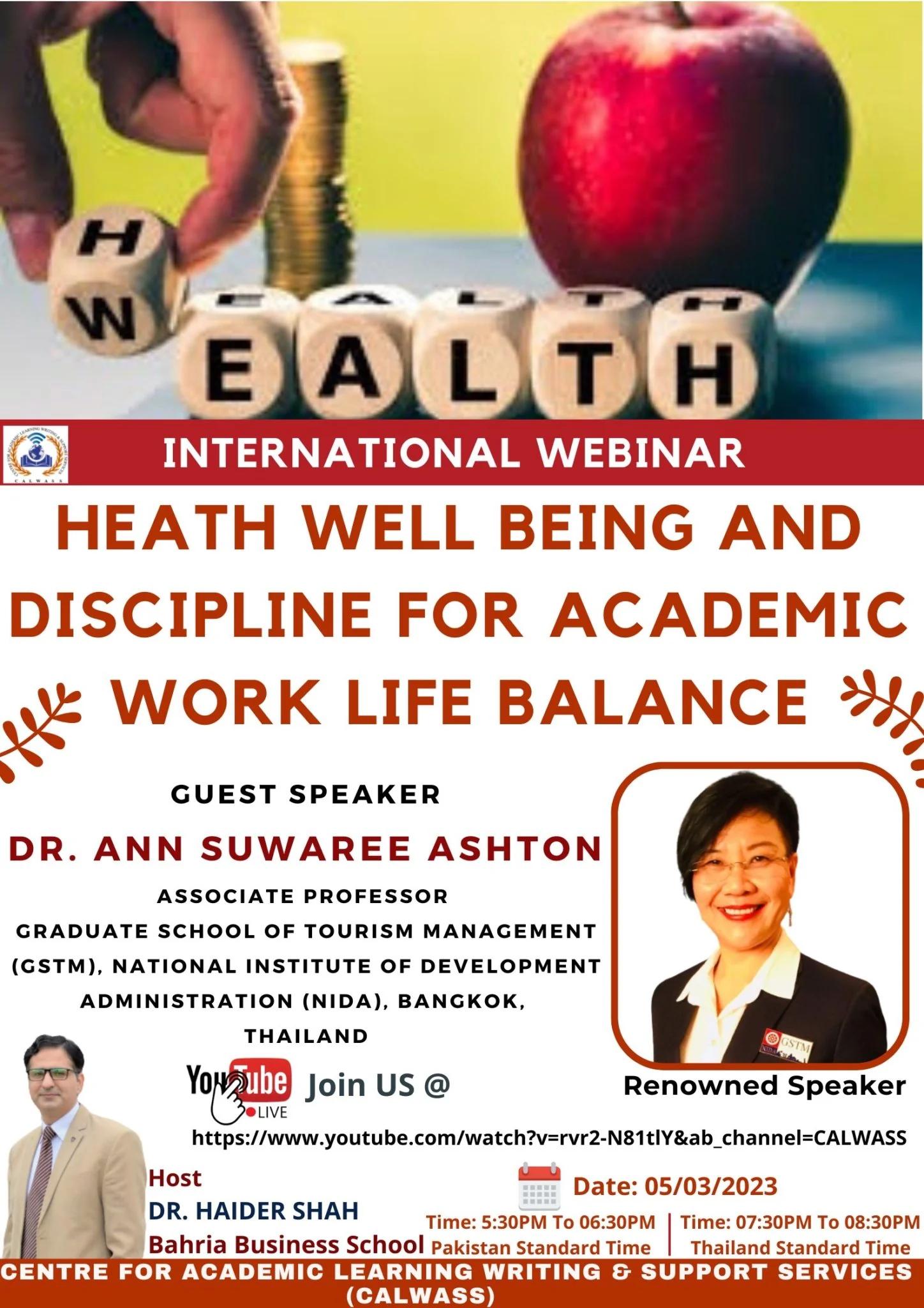 ขอเชิญเข้าร่วมรับฟัง International Webinar ในหัวข้อ “HEATH WELL-BEING AND DISCIPLINE FOR ACADEMIC WORK LIFE BALANCE”