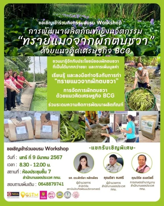 ขอเรียนเชิญเข้าร่วมการอบรมเชิงปฏิบัติการ “การพัฒนาผลิตภัณฑ์เชิงนวัตกรรมทรายแมวจากผักตบชวาด้วยแนวคิดเศรษฐกิจ BCG”